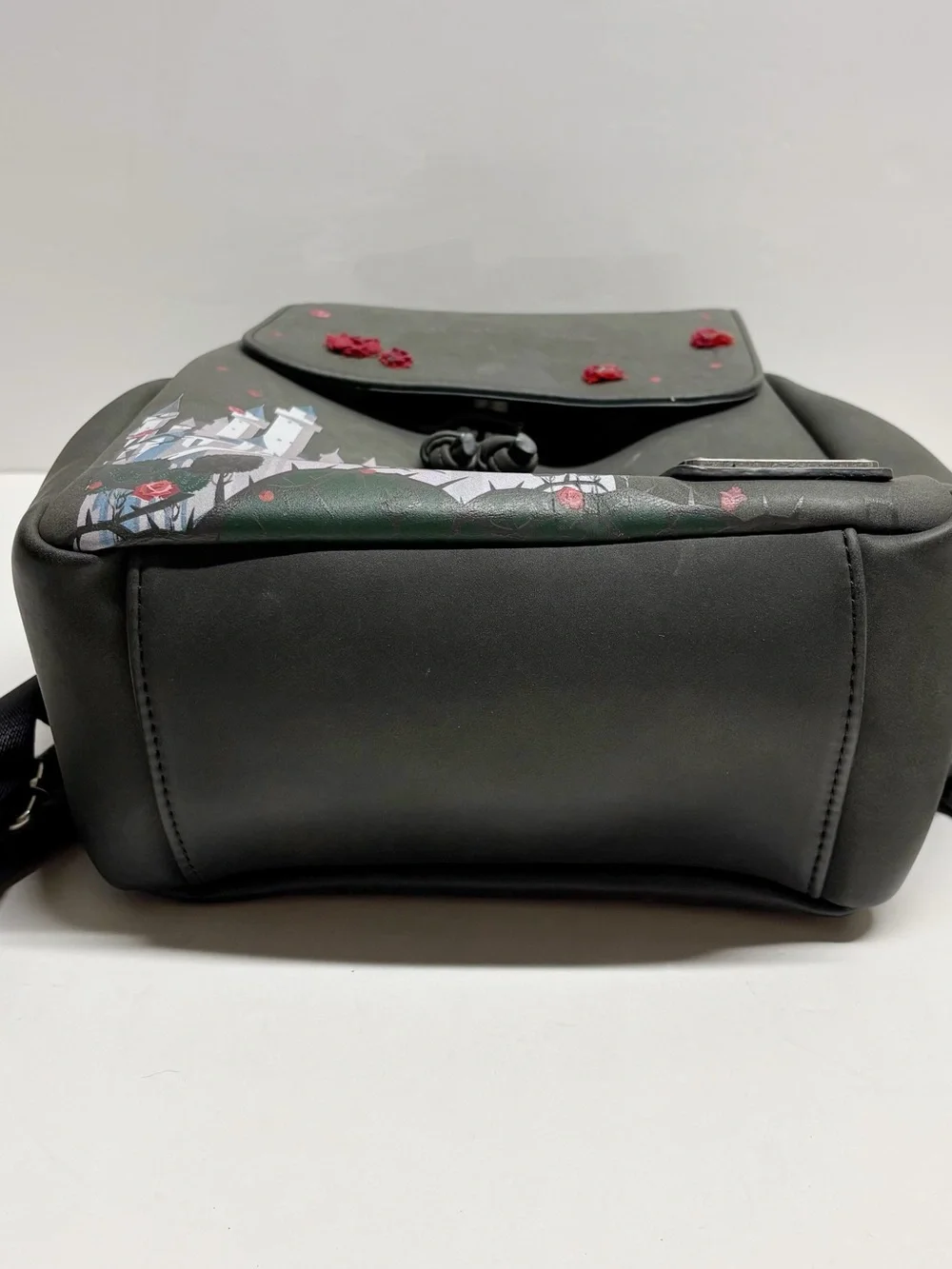 Disney Gray Floral Castle Drawstring Backpack with Red Rose Embroidery